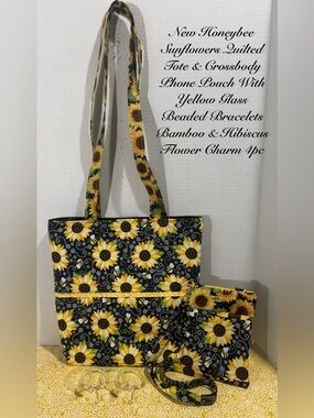 NEW HONEYBEE SUNFLOWERS QUILTED TOTE & PHONE POUCH WITH BAMBOO BRACELETS SET